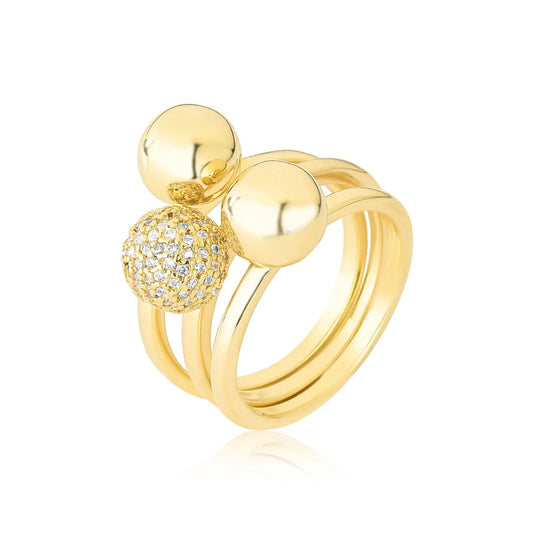 Anel semijoia triplo bolas lisas e cravejada