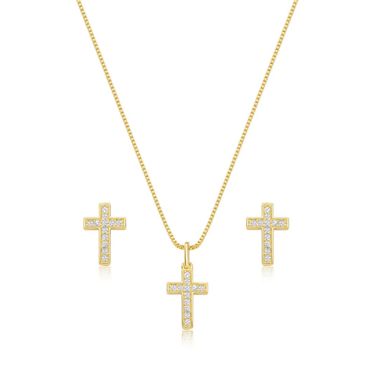 Conjunto semijoia cruz cravejado