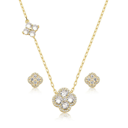 Conjunto semijoia trevo em zircônia